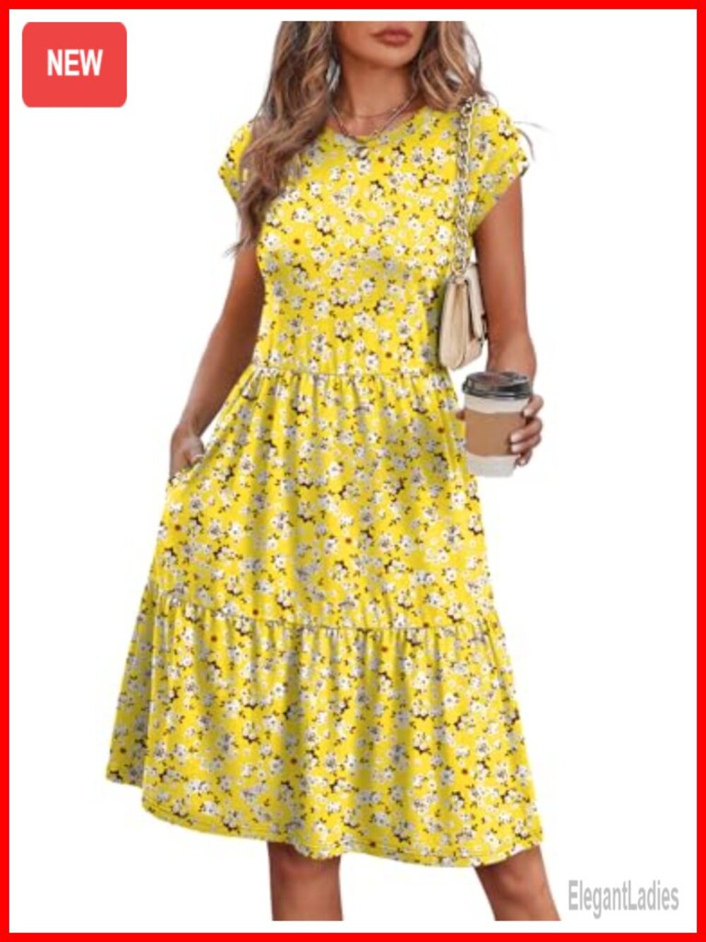 Women's Floral Tiered Swing Dress Cap Sleeve Casual Beach Vacation with Pockets